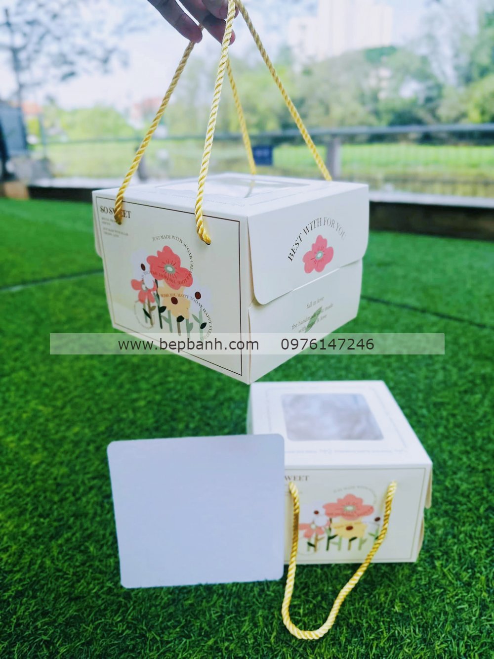 Hộp giấy đựng bánh dây vàng 16H12 (kèm đế) Hộp giấy đựng bánh dây vàng 16H12 (kèm đế)