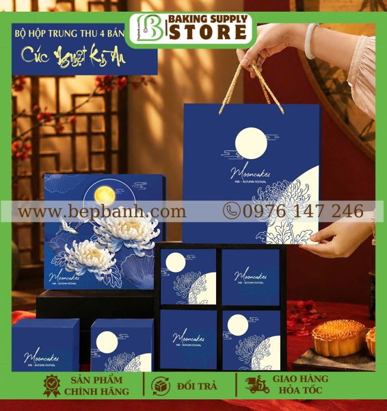 Hộp giấy trung thu 4 bánh >200gr (4HC) Cúc Nguyệt